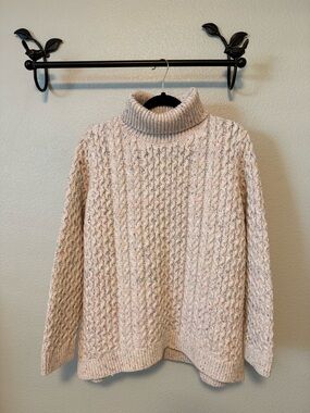 Lands' End Cream Speckled Cable Turtleneck Sweater